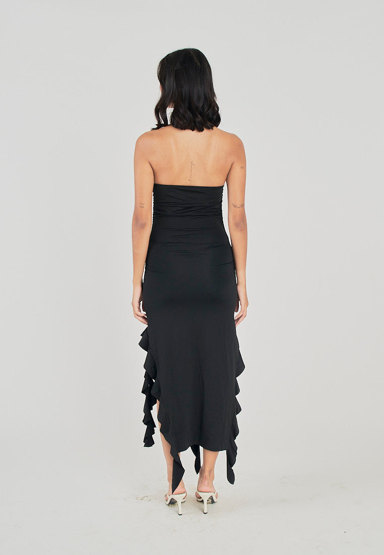 Reverie Black Ruffle Hem Tube Midi Dress