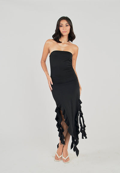Reverie Black Ruffle Hem Tube Midi Dress