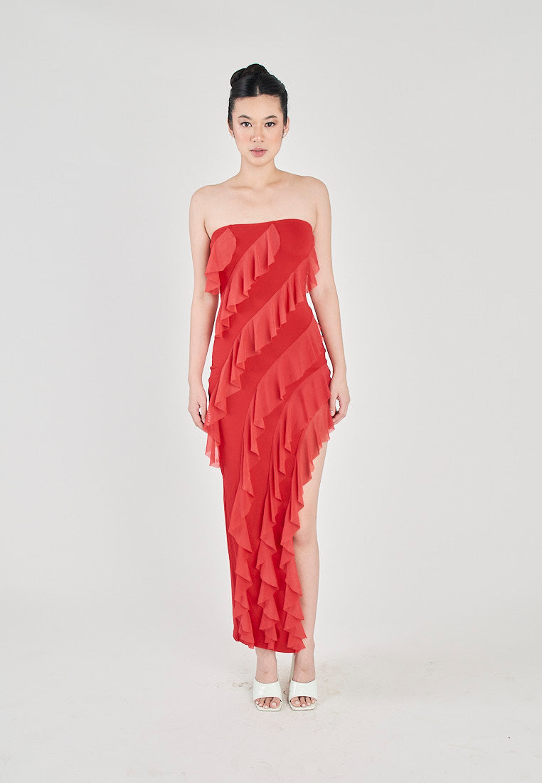 Sarina Red Front Ruffle Side Slit Tube Midi Dress