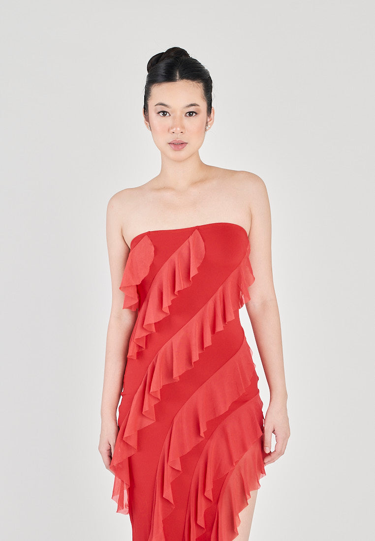 Sarina Red Front Ruffle Side Slit Tube Midi Dress