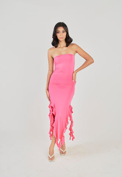 Reverie Dark Pink Ruffle Hem Tube Midi Dress