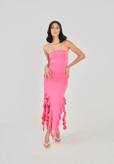 Reverie Dark Pink Ruffle Hem Tube Midi Dress