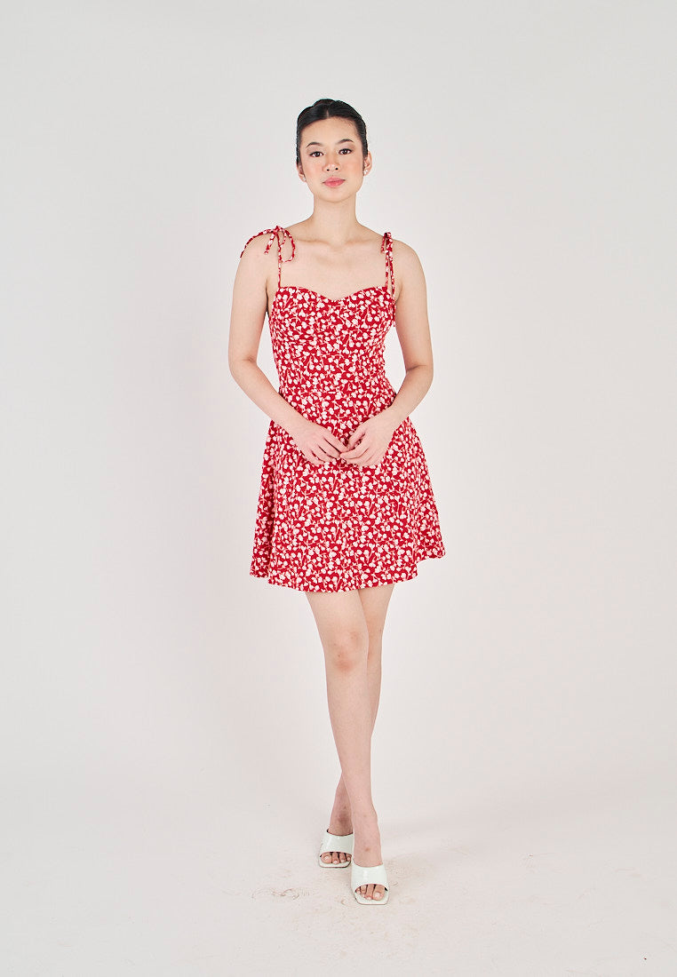 Delara Red With White Floral All Over Print Self Tie Mini Dress