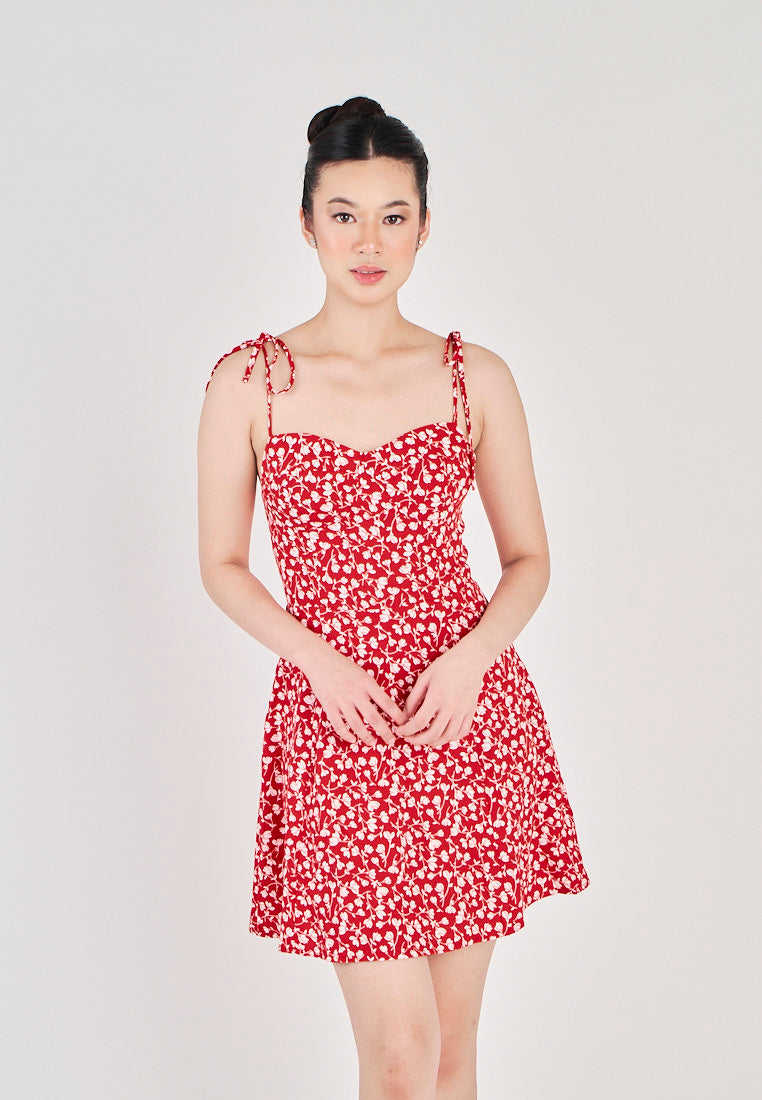 Delara Red With White Floral All Over Print Self Tie Mini Dress