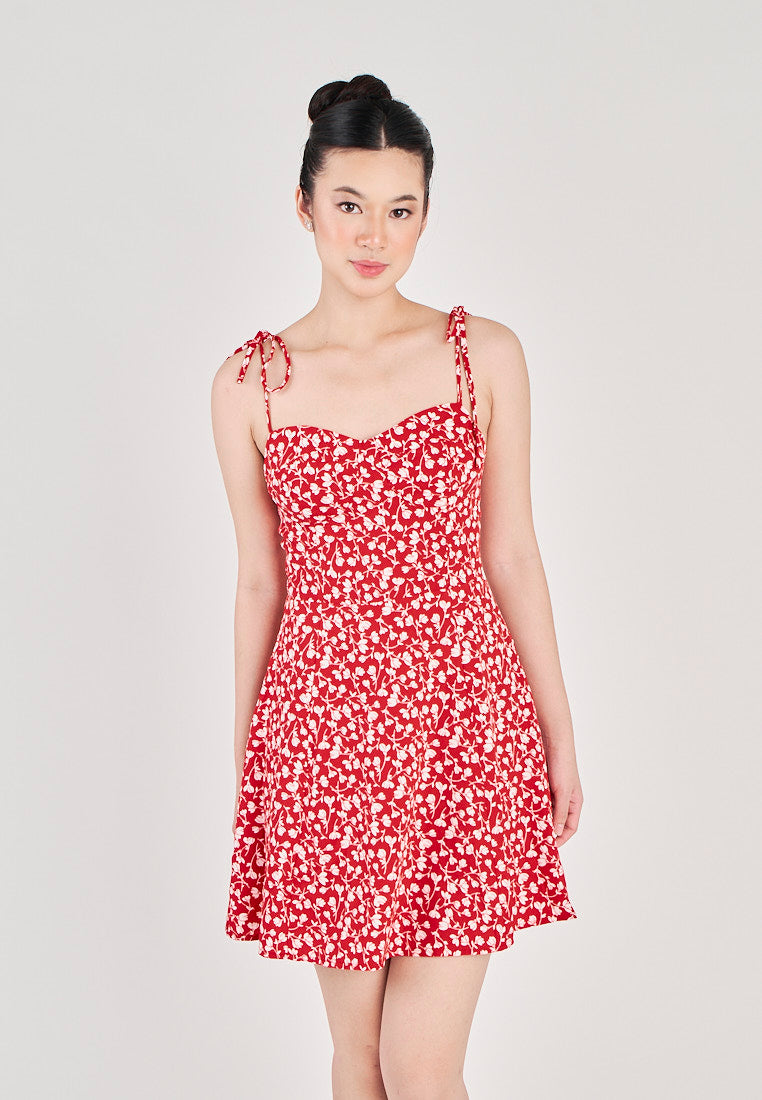 Delara Red With White Floral All Over Print Self Tie Mini Dress
