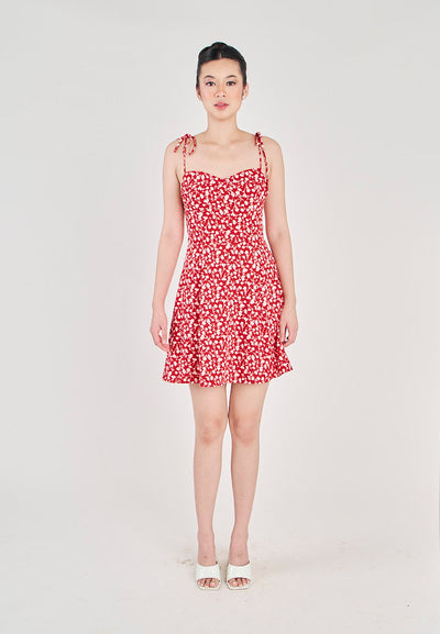Delara Red With White Floral All Over Print Self Tie Mini Dress