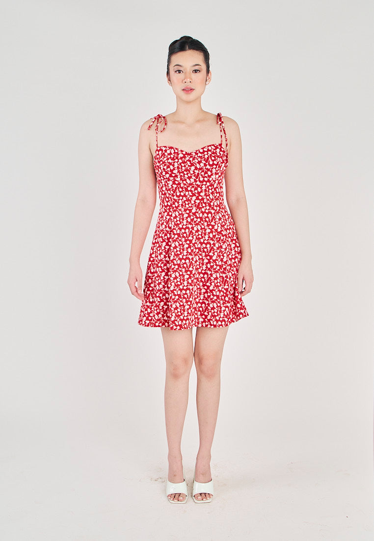 Delara Red With White Floral All Over Print Self Tie Mini Dress