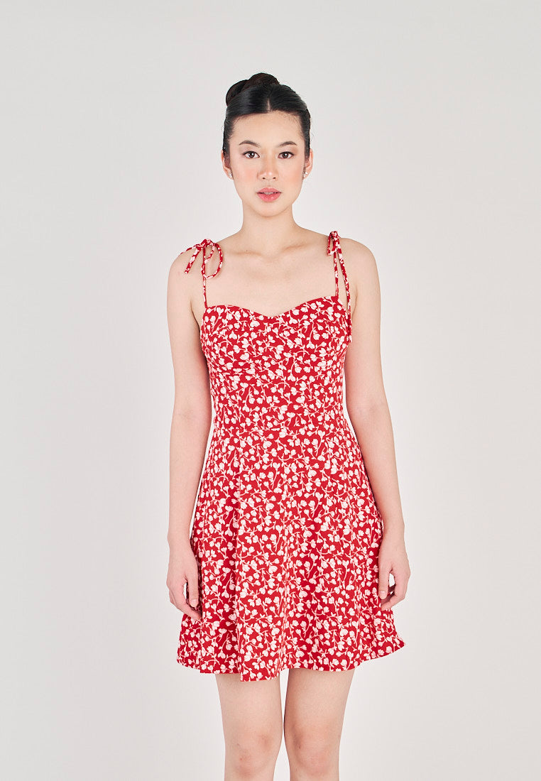 Delara Red With White Floral All Over Print Self Tie Mini Dress