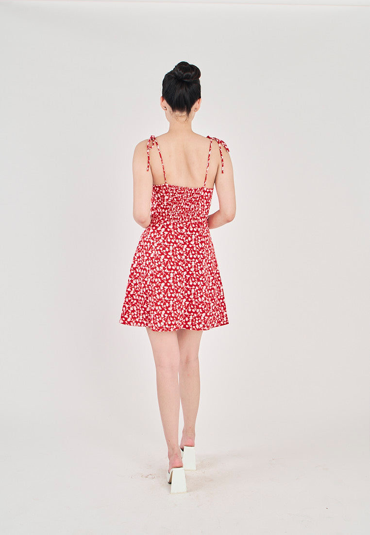 Delara Red With White Floral All Over Print Self Tie Mini Dress