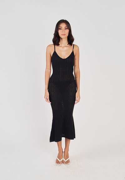 Leica Black Knitted Eyelet V Neck Sleeveless Mermaid Midi Dress