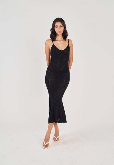 Leica Black Knitted Eyelet V Neck Sleeveless Mermaid Midi Dress