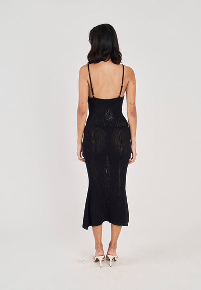 Leica Black Knitted Eyelet V Neck Sleeveless Mermaid Midi Dress