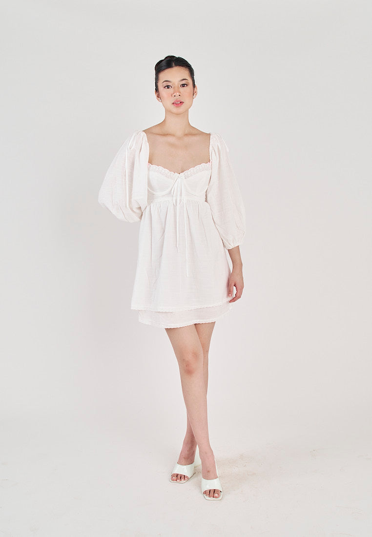 Kiszah White Lace V Neck Shaped Bust Self Tie Back Short Sleeves Mini Dress