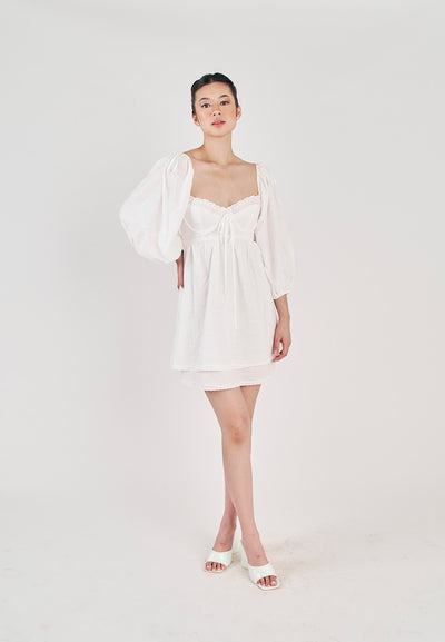 Kiszah White Lace V Neck Shaped Bust Self Tie Back Short Sleeves Mini Dress