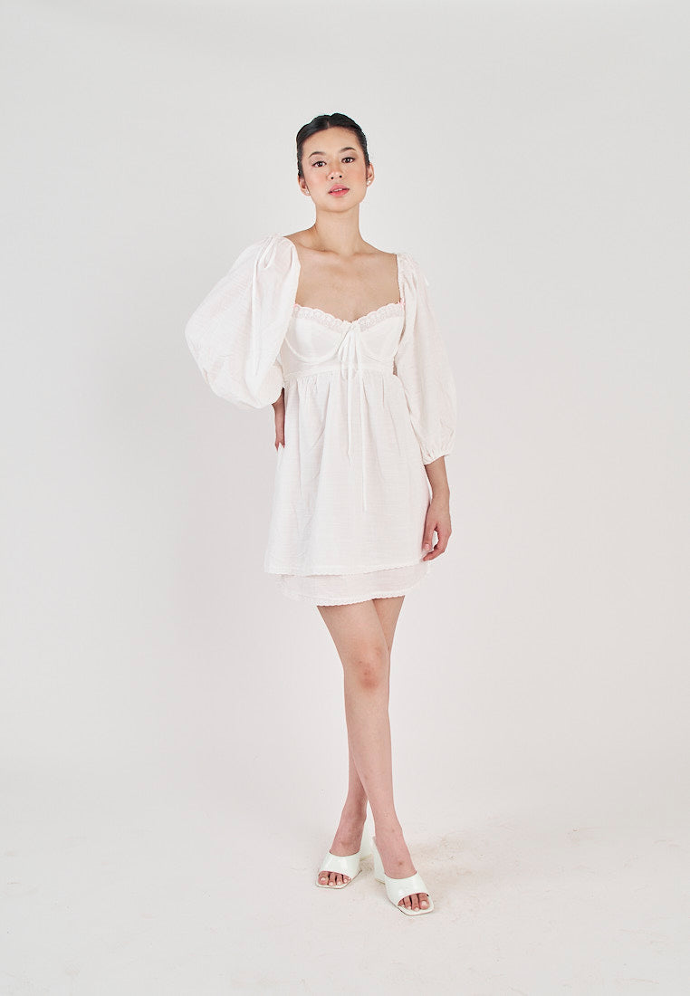 Kiszah White Lace V Neck Shaped Bust Self Tie Back Short Sleeves Mini Dress