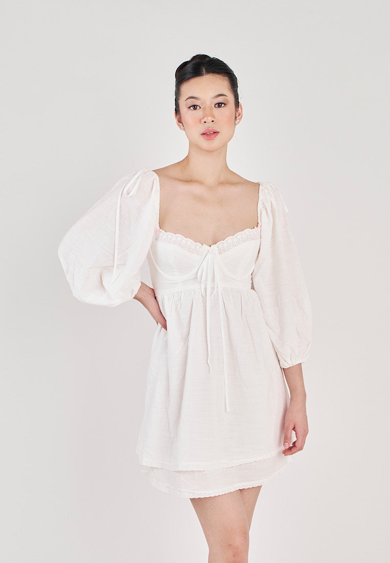 Kiszah White Lace V Neck Shaped Bust Self Tie Back Short Sleeves Mini Dress