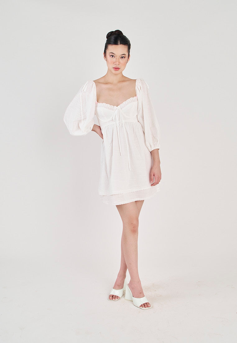 Kiszah White Lace V Neck Shaped Bust Self Tie Back Short Sleeves Mini Dress