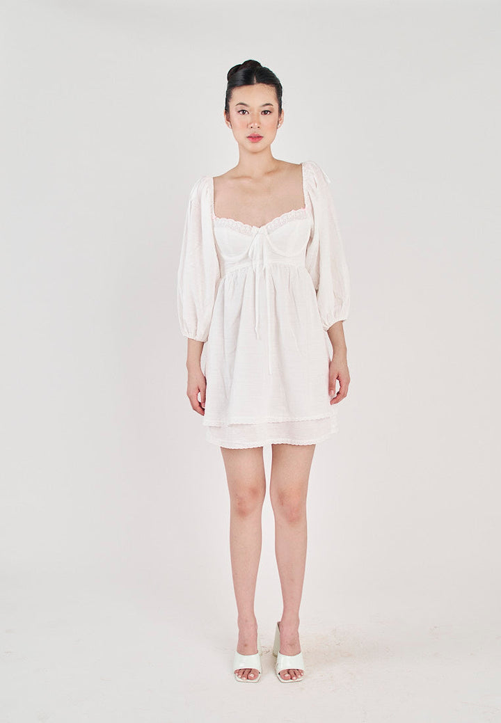 Kiszah White Lace V Neck Underwire Bust Self Tie Back Short Sleeves Mini Dress