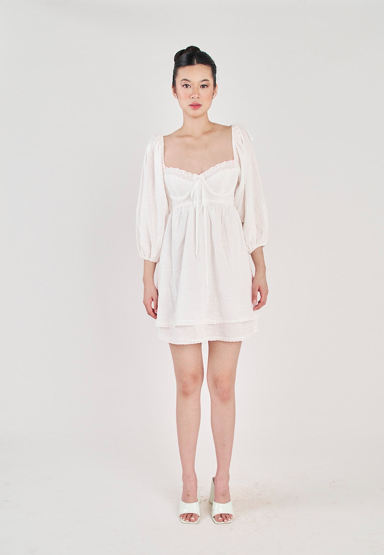 Kiszah White Lace V Neck Shaped Bust Self Tie Back Short Sleeves Mini Dress