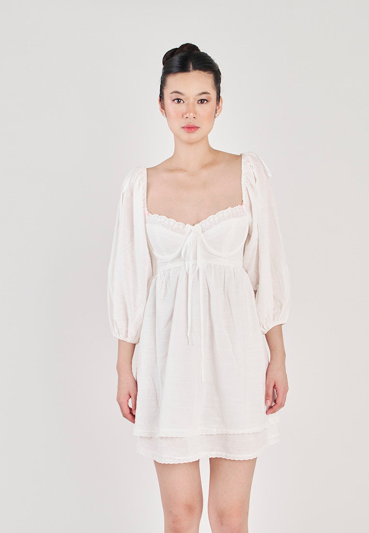 Kiszah White Lace V Neck Shaped Bust Self Tie Back Short Sleeves Mini Dress