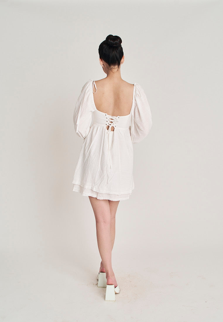 Kiszah White Lace V Neck Underwire Bust Self Tie Back Short Sleeves Mini Dress