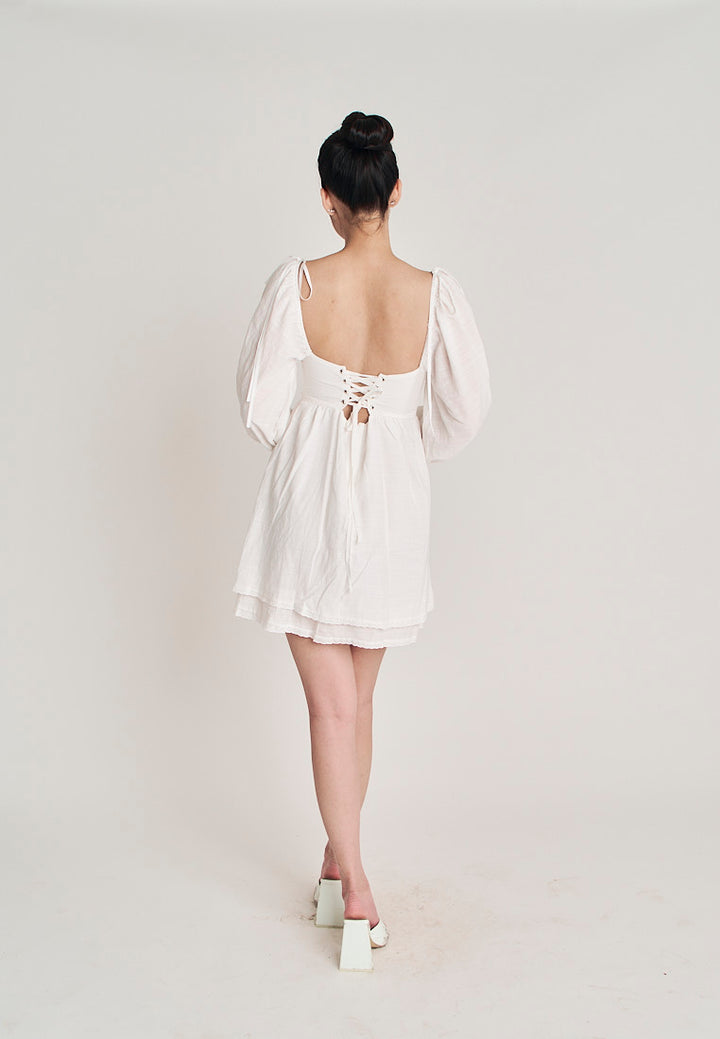 Kiszah White Lace V Neck Underwire Bust Self Tie Back Short Sleeves Mini Dress