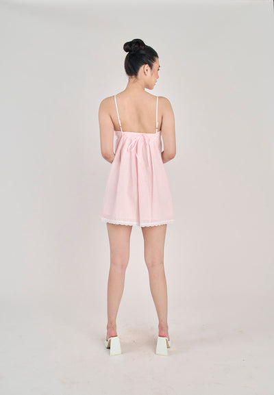 Sofithia Pastel Pink Lace V Neckline Adjustable Strap Sleeveless Mini Dress