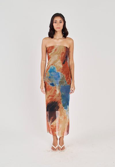 Colleen Multicolor Abstract Print Mesh Tube Midi Dress