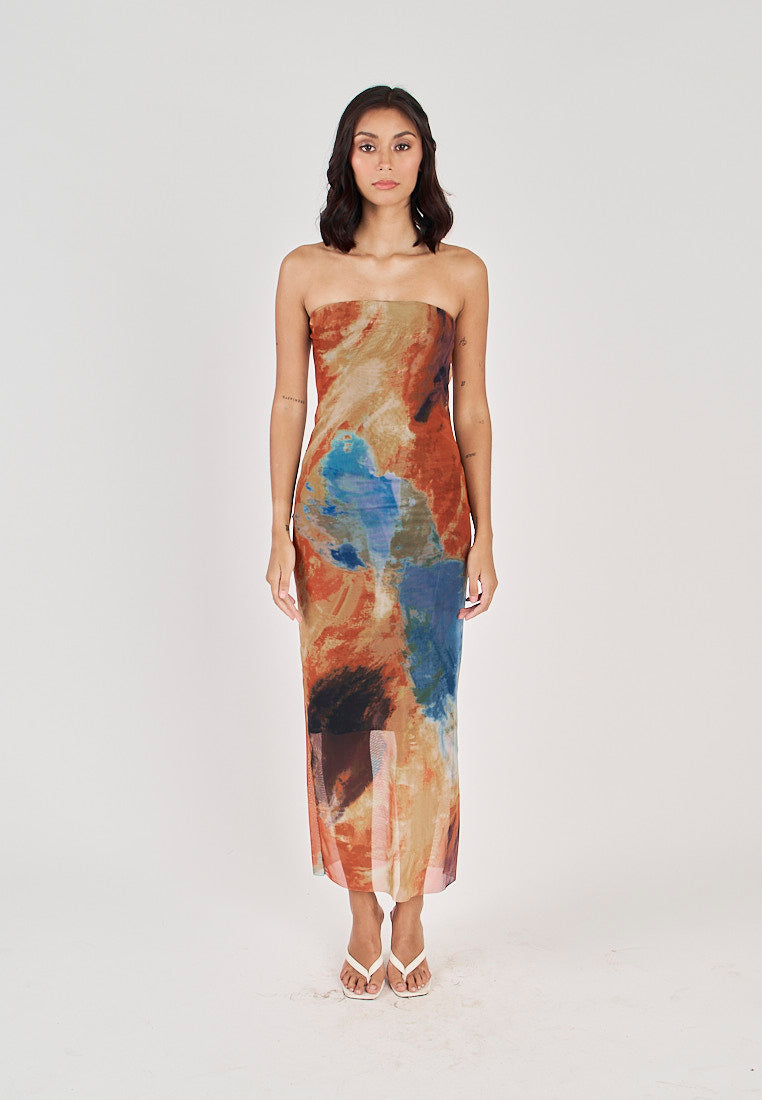 Colleen Multicolor Abstract Print Mesh Tube Midi Dress