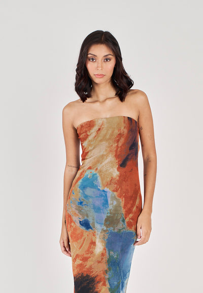 Colleen Multicolor Abstract Print Mesh Tube Midi Dress
