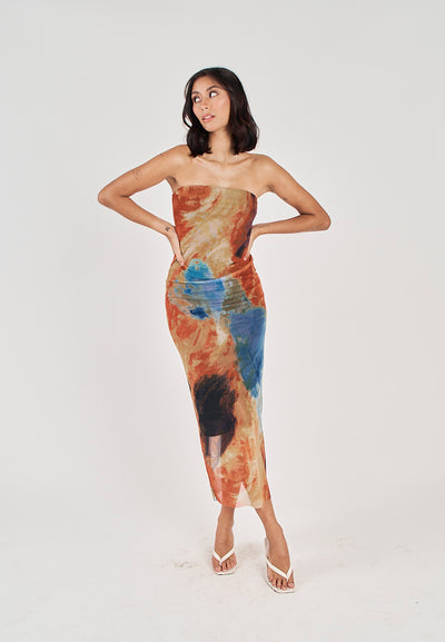 Colleen Multicolor Abstract Print Mesh Tube Midi Dress