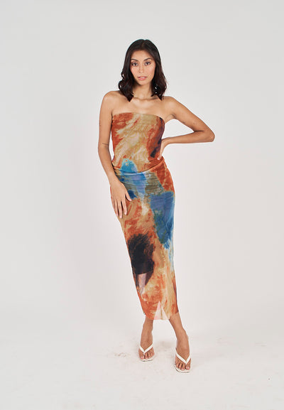 Colleen Multicolor Abstract Print Mesh Tube Midi Dress