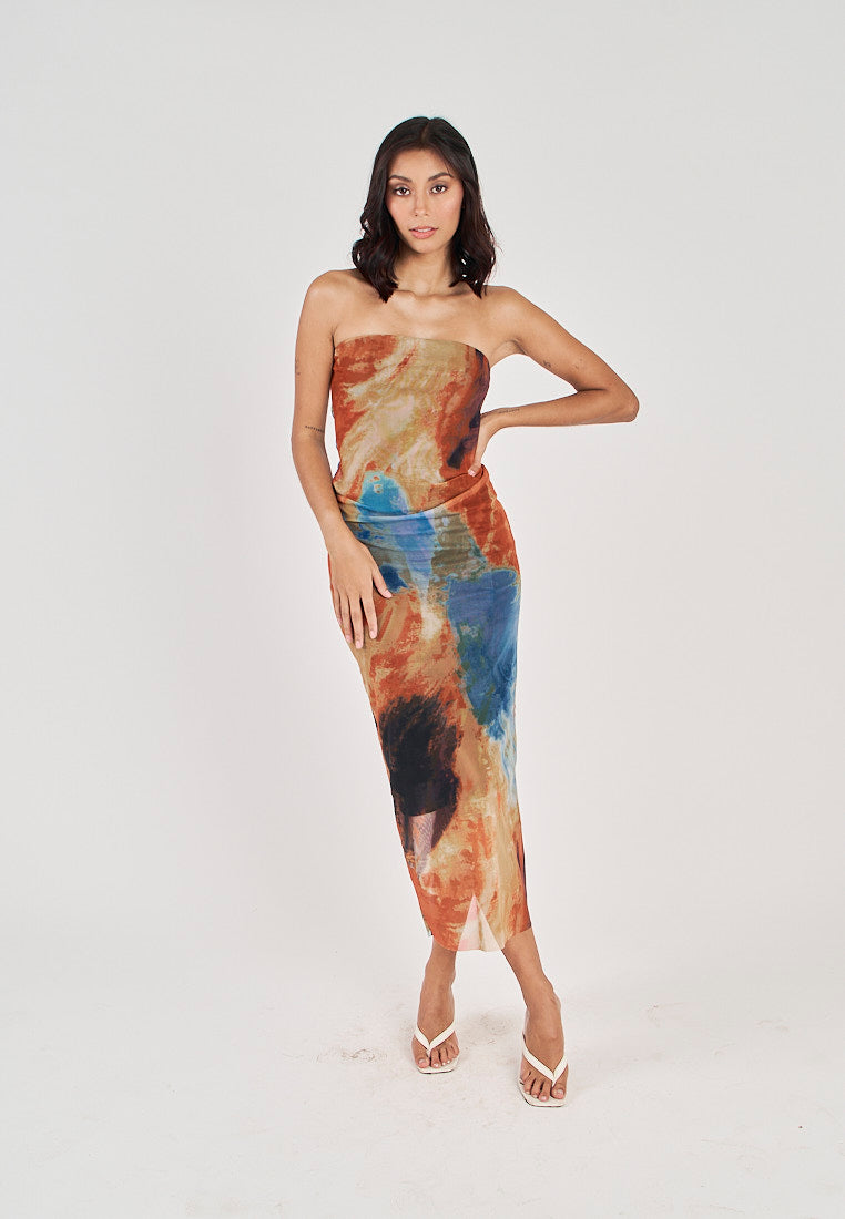 Colleen Multicolor Abstract Print Mesh Tube Midi Dress