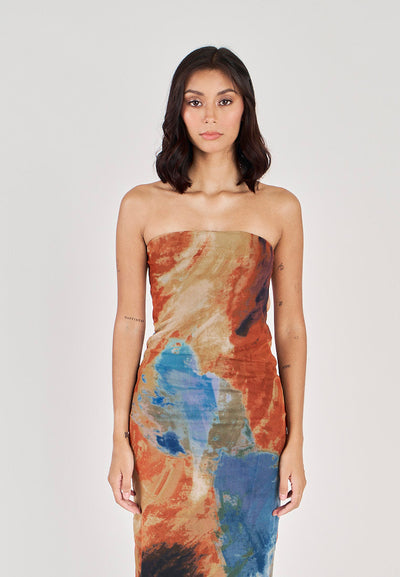Colleen Multicolor Abstract Print Mesh Tube Midi Dress