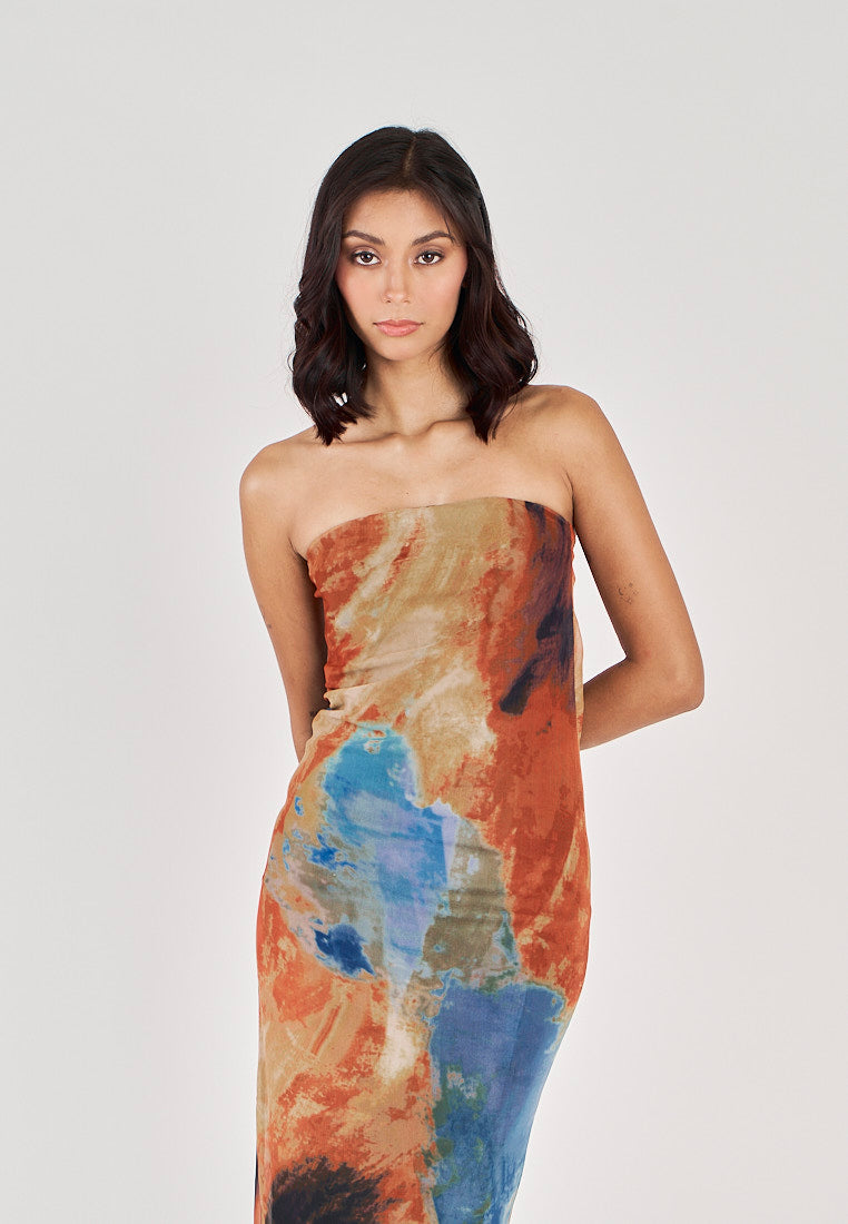 Colleen Multicolor Abstract Print Mesh Tube Midi Dress