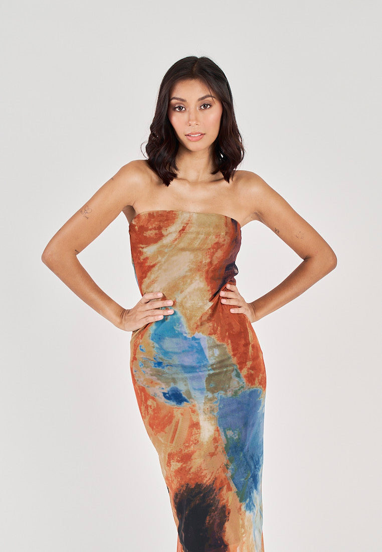 Colleen Multicolor Abstract Print Mesh Tube Midi Dress