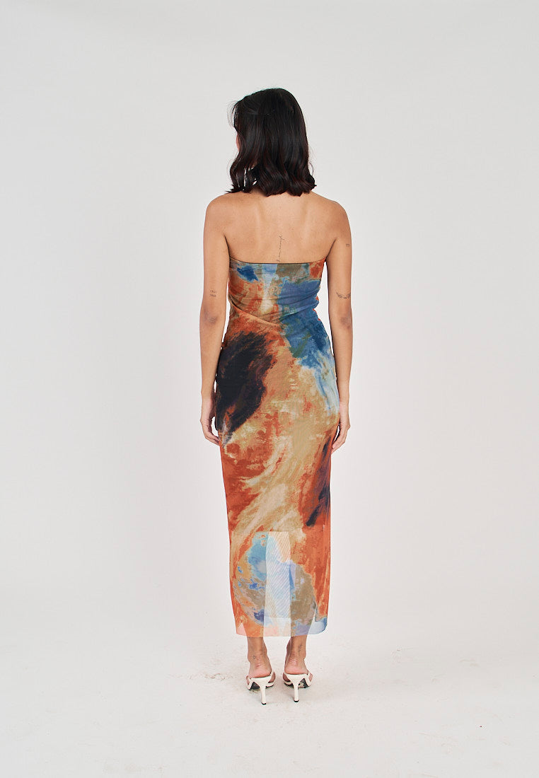 Colleen Multicolor Abstract Print Mesh Tube Midi Dress