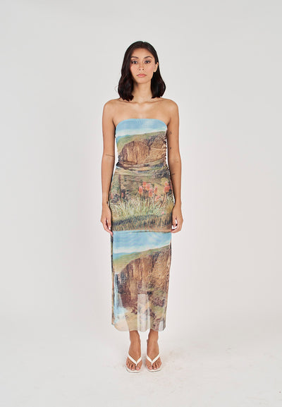 Elba Green with Blue Falls Print Mesh Ruched Sides Tube Midi Dress