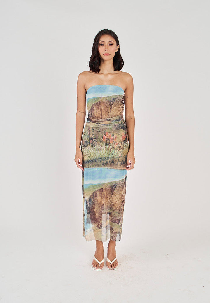 Elba Green with Blue Falls Print Mesh Ruched Sides Tube Midi Dress