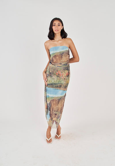 Elba Green with Blue Falls Print Mesh Ruched Sides Tube Midi Dress
