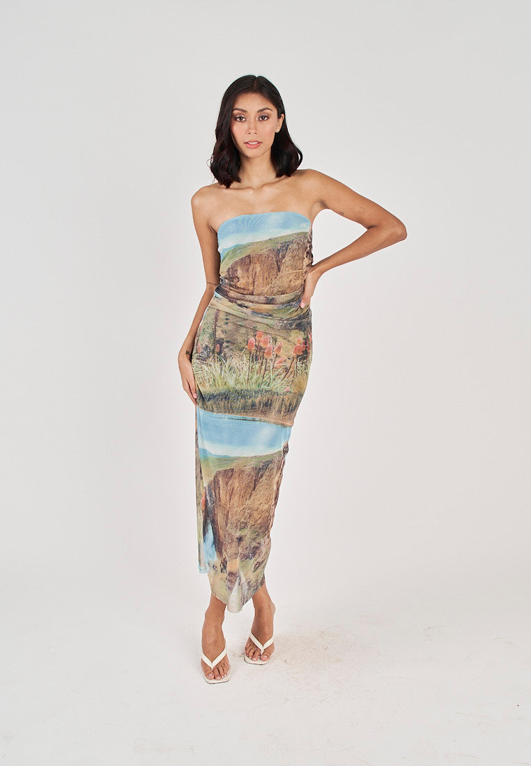 Elba Green with Blue Falls Print Mesh Ruched Sides Tube Midi Dress