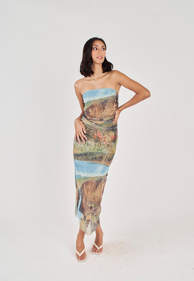 (PRE-ORDER: ETA February 25) Elba Green with Blue Falls Print Mesh Ruched Sides Tube Midi Dress