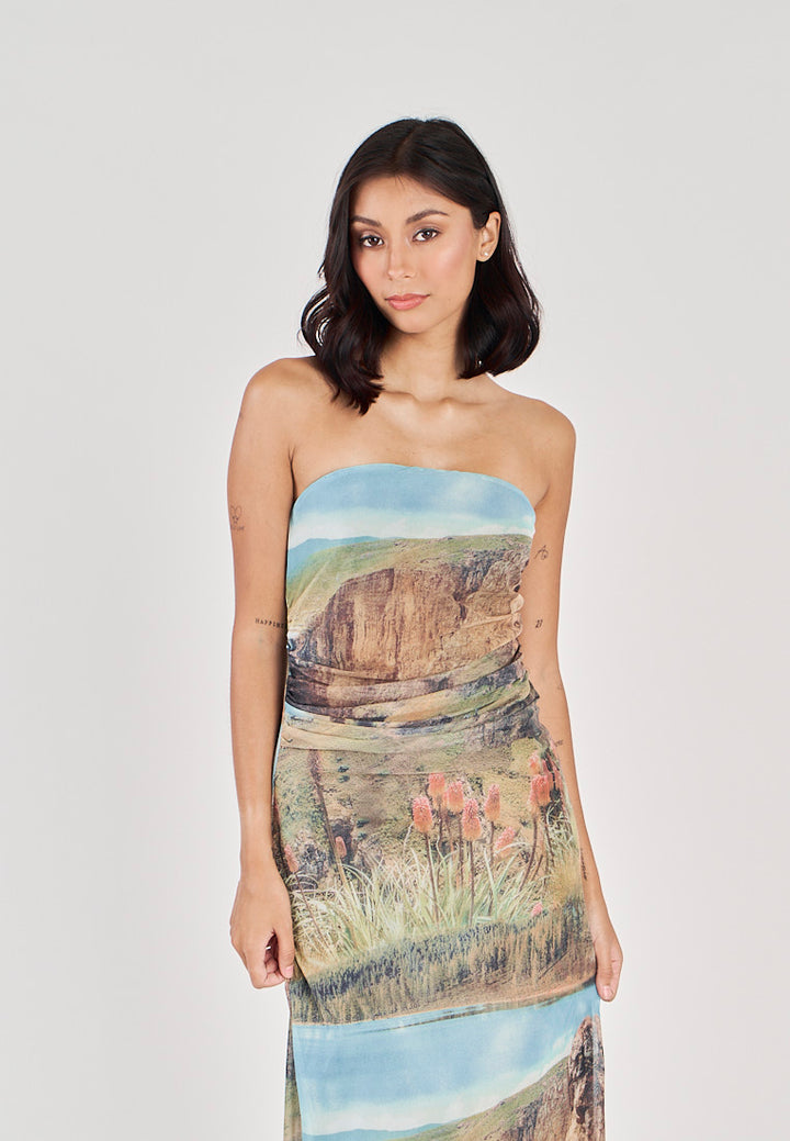 Elba Green with Blue Falls Print Mesh Ruched Sides Tube Midi Dress