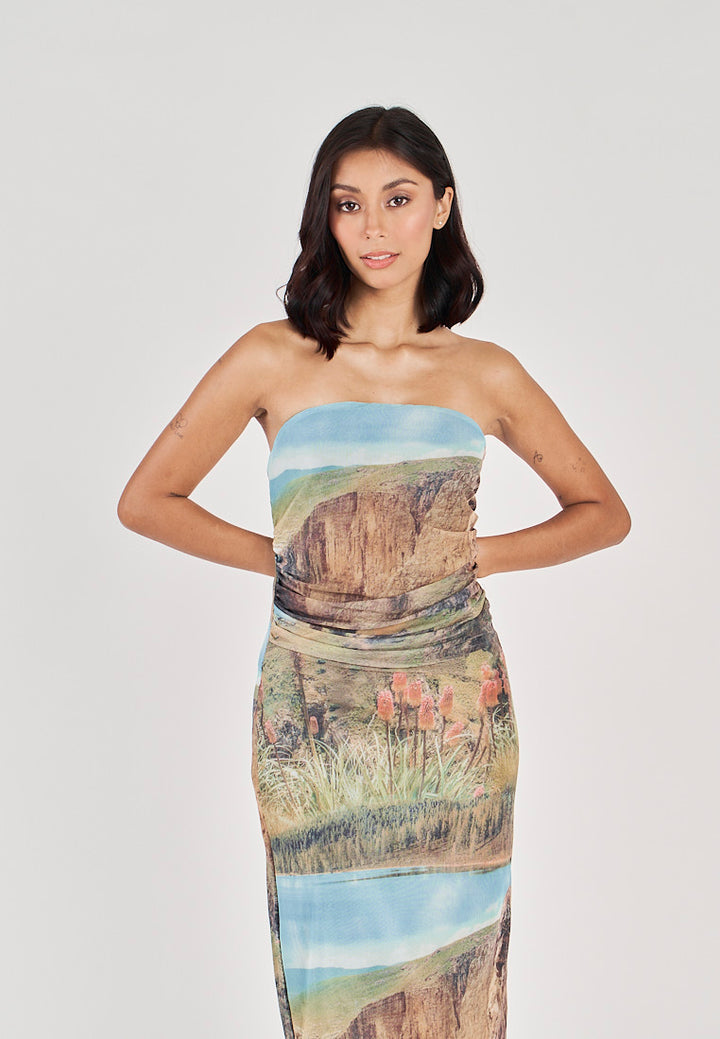 Elba Green with Blue Falls Print Mesh Ruched Sides Tube Midi Dress