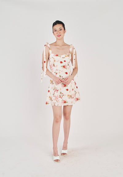 Klarey Beige Multicolor Floral with Cherry Print Sleeveless Self Tie Strap Mini Dress