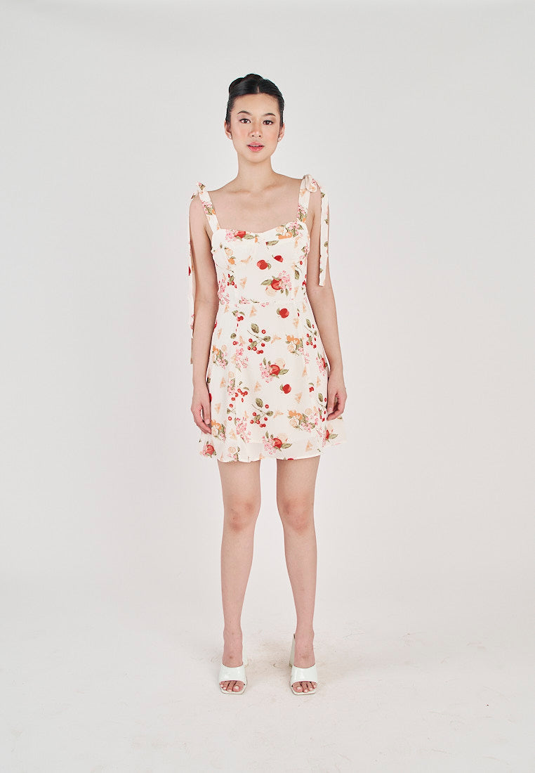 Klarey Beige Multicolor Floral with Cherry Print Sleeveless Self Tie Strap Mini Dress