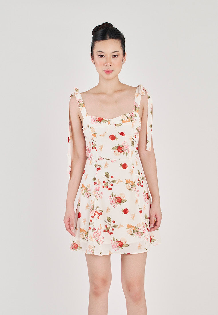Klarey Beige Multicolor Floral with Cherry Print Sleeveless Self Tie Strap Mini Dress
