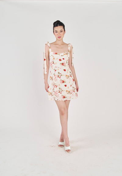 Klarey Beige Multicolor Floral with Cherry Print Sleeveless Self Tie Strap Mini Dress