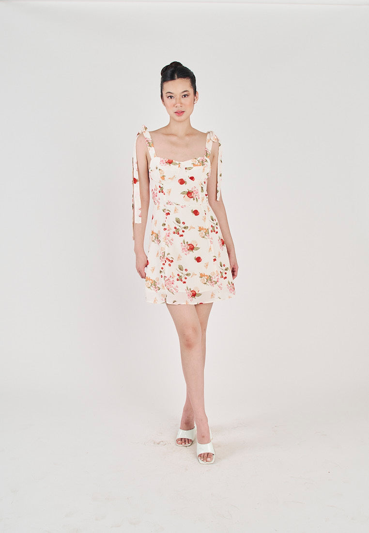 Klarey Beige Multicolor Floral with Cherry Print Sleeveless Self Tie Strap Mini Dress