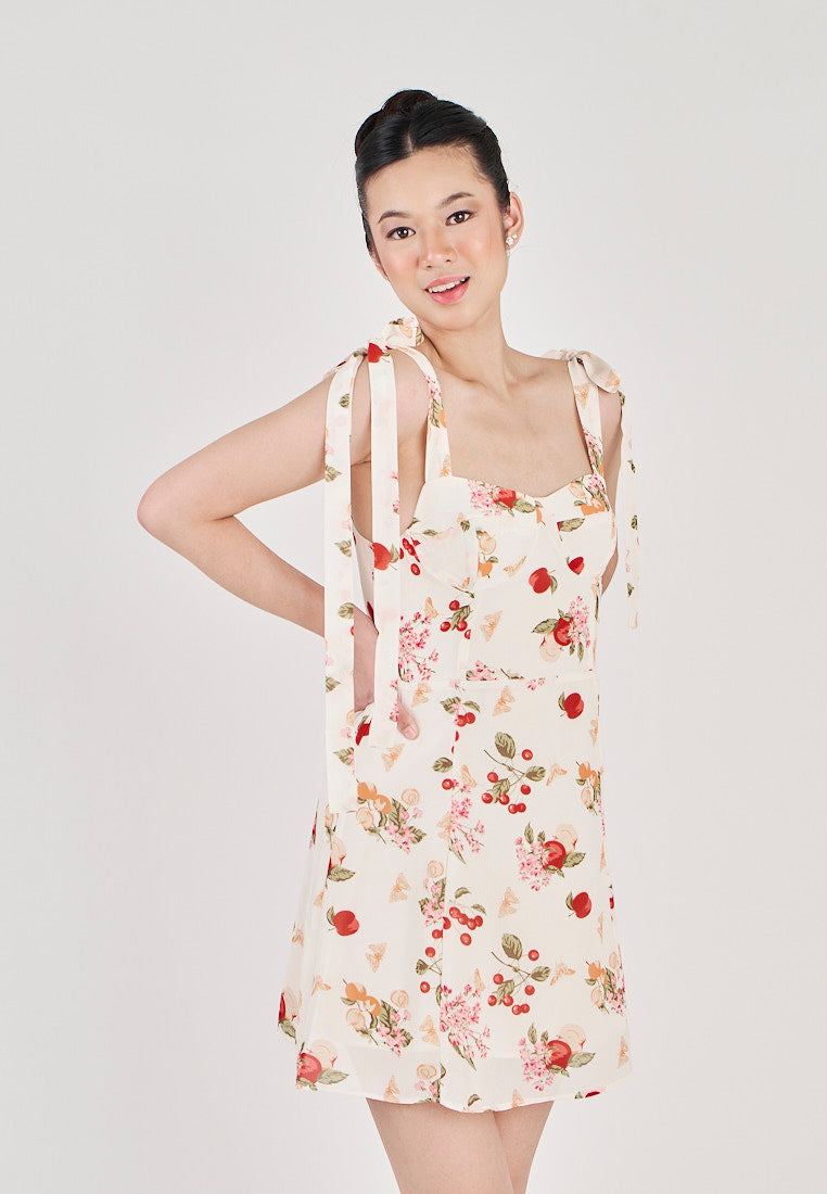 Klarey Beige Multicolor Floral with Cherry Print Sleeveless Self Tie Strap Mini Dress